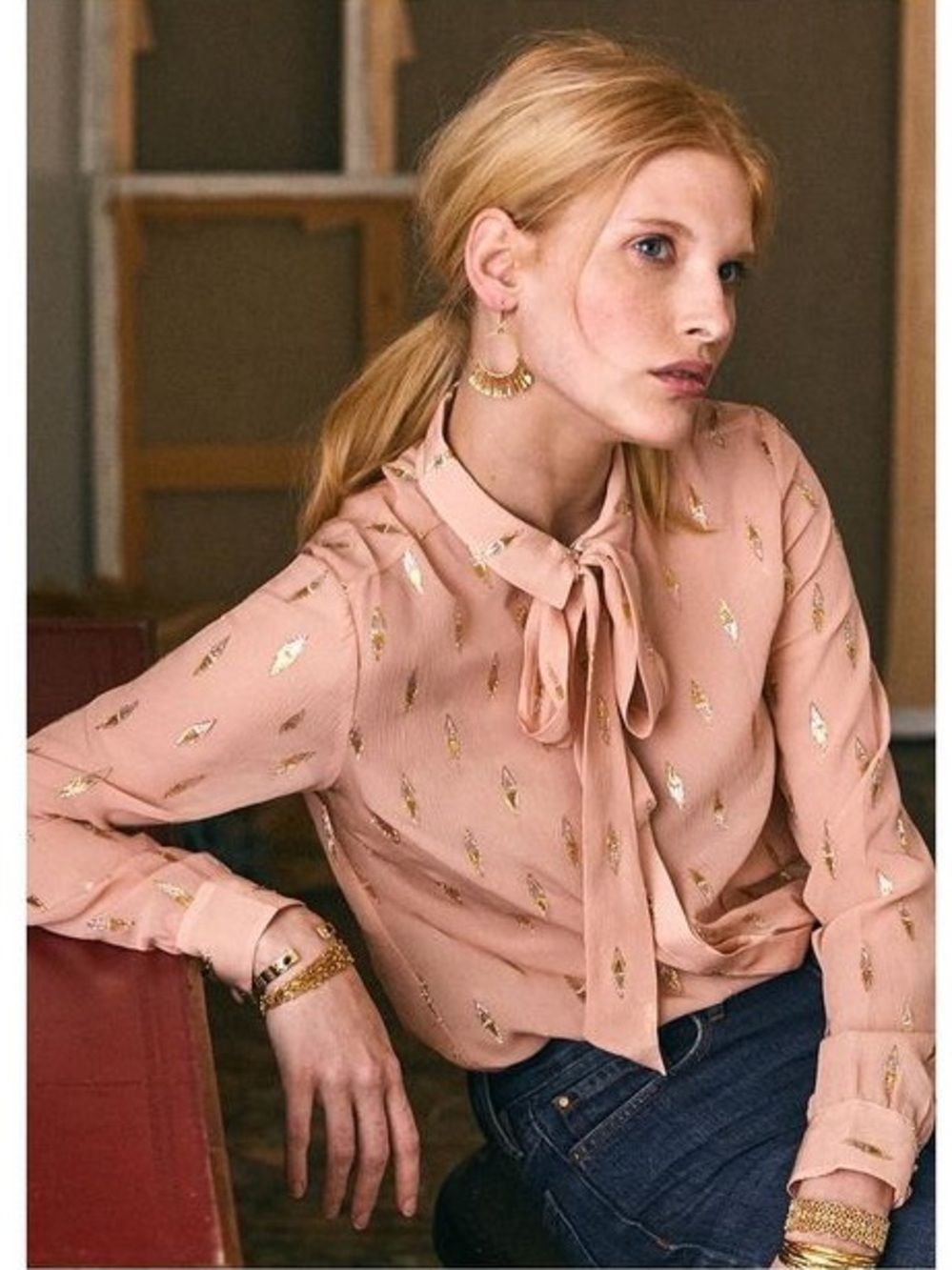 SEZANE light pink/peach tie-neck blouse with gold foil embroidery